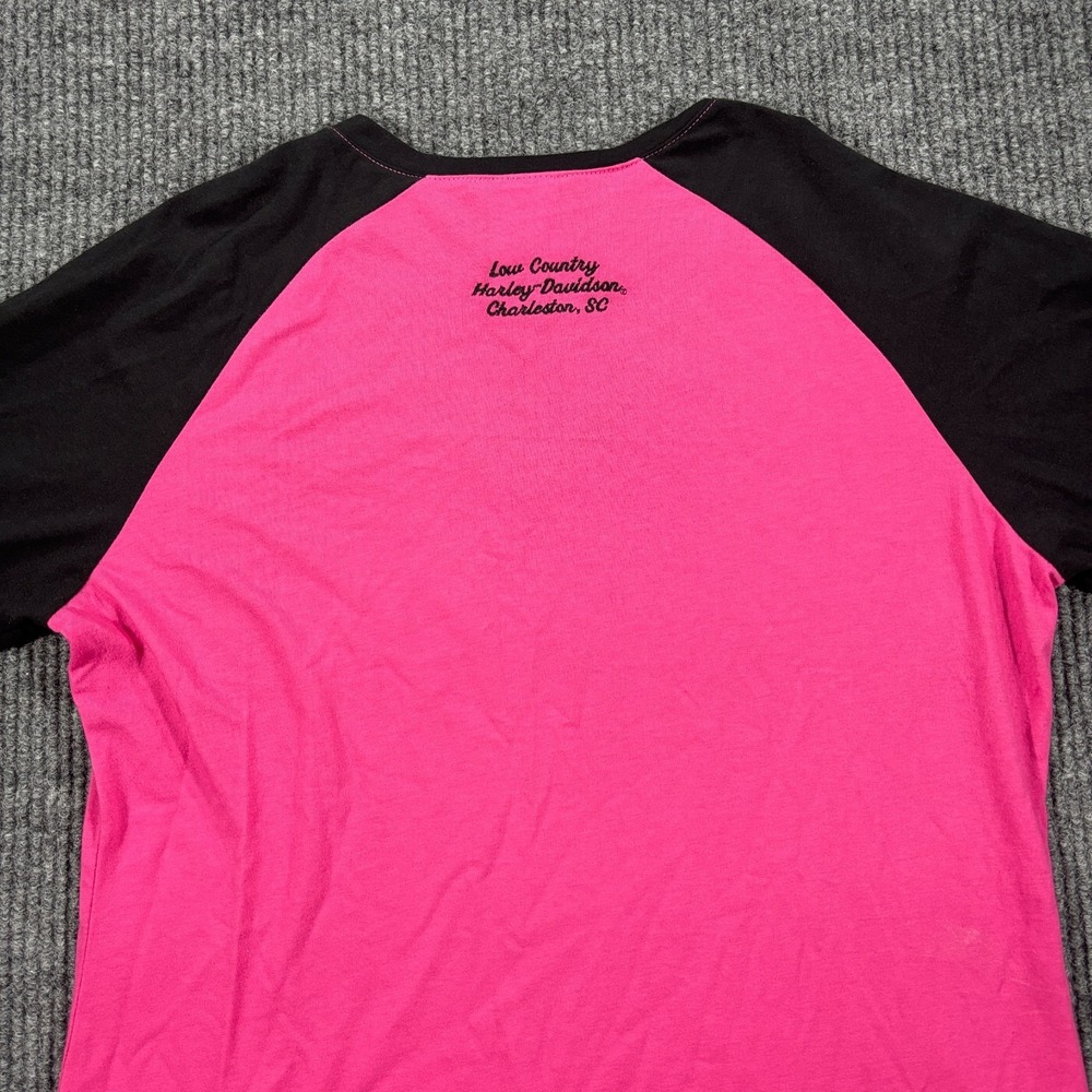 Harley Davidson Baseball T V Neck Shirt Women XL Pink Embroidered Charleston SC - Picture 11 of 13